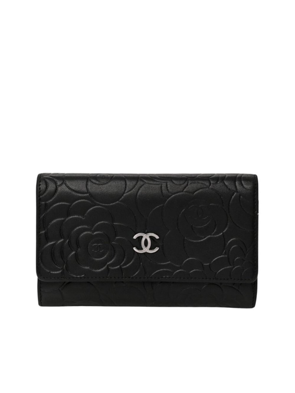 CHANEL Camellia Embossed Medium Wallet in Black